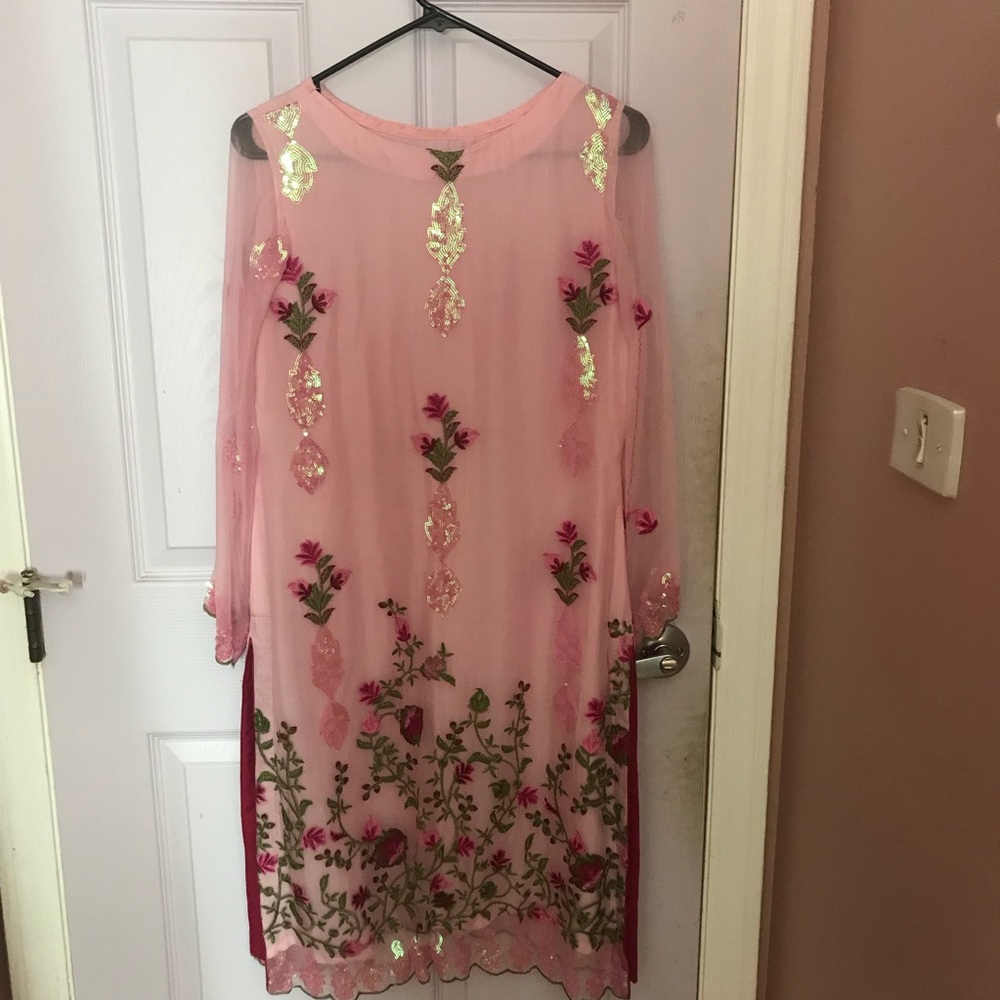 3 pc Pakistani Indian Pink Chiffon Outfit